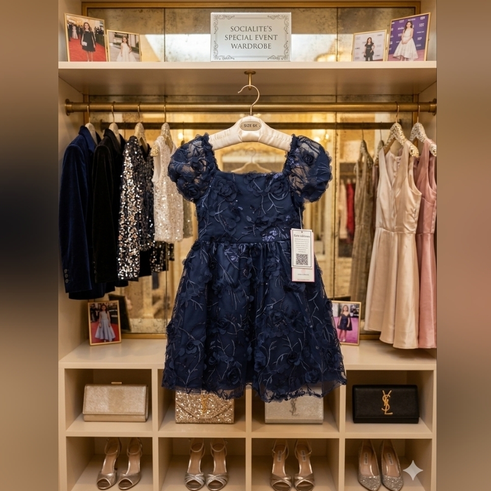 Rare Editions Navy Floral Sequin Party Dress w/Bubble Short Sleeves, S 5, NWT